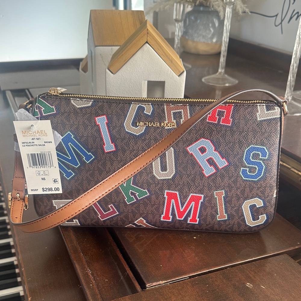 Michael Kors Brown Pouchette with Multicolor Letters